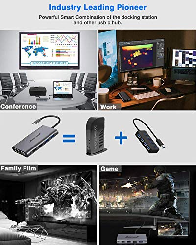Hiearcool USB-C Docking Station for Laptop, Triple Display Dock with 4K HDMI & 1080p VGA, 11-in-1 USB-C Dock with Ethernet, 100W Charging for Home Office - color: Space Grey