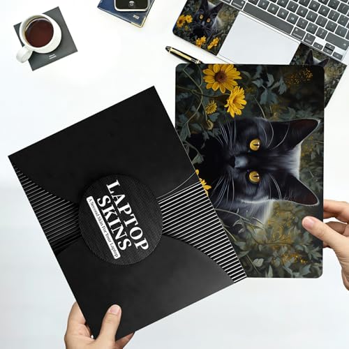 Universal Laptop Skin Sticker with 2 Wrist Pad Decals, 3-Piece Removable Vinyl Laptop Cover, Black Cat Sunflower Waterproof Anti-Scratch, Easy-Trim Fit for 13.3" 14" 15.6" Laptops - color: Black Cat Sunflower