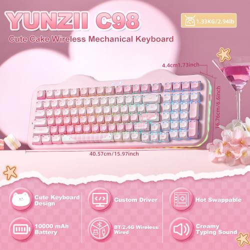 YUNZII C98 Cute Wireless Mechanical Keyboard(Pink Mao, Milk Switch) | Cake Keyboard,99 Keys with Number Pad, MAO Keycaps, BT5.0/2.4G/USB-C,Hot Swap, Gasket Mount, Custom RGB Backlight for Win/Mac - color: Pink MAO, size: Milk V2 Linear Switch