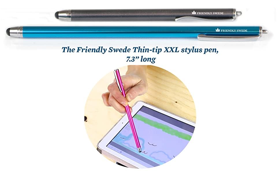 The Friendly Swede Stylus Pen for Touchscreen with Replaceable Thin Tips | 3 Spare Rubber Tips, 3 Elastic Lanyards, Microfiber Cleaning Cloth Included, 3-Pack 7.3" High Precision Stylus Pen, Black - color: Black