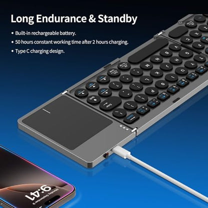 Ultra Slim Foldable Wireless Keyboard with Holder, Pocket Folding Keyboards with Touchpad for Smartphone Tablet and Laptop