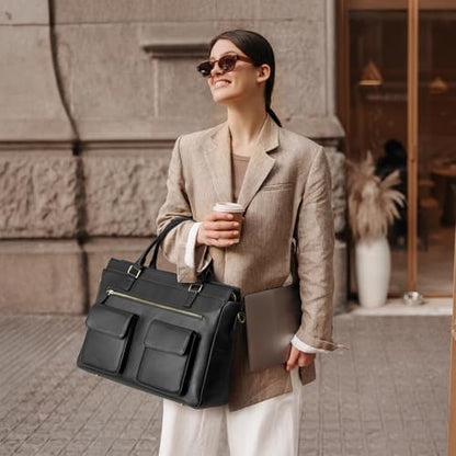 Kattee Leather Briefcase for Women, 15 Inches Laptop Bag, Work Tote with Luggage/Shoulder Strap - color: Black