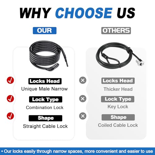 Long Cable Lock, Extra Long Straight Bike Lock (3ft to 25ft) with Resettable Combination, Kayak Locks, Unique Thin end Cable Locks Suitable Kayak, Scooter, Paddle Boards, Canoe, Jet Ski - size: 3 Ft Long, 10 mm Thick