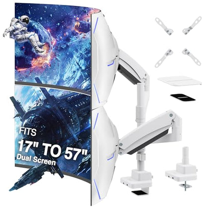 AVLT Dual Monitor Arm 57" Pole Top Mount with USB-C & A – White | Heavy-duty Stacking arm; Height Adjustable; Top C-clamp/Grommet w/ Reinforcement Plates; VESA 200/100/75mm. - color: White