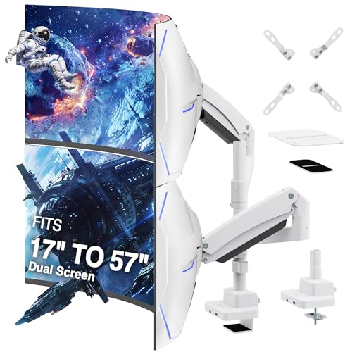 AVLT Dual Monitor Arm 57" Pole Top Mount with USB-C & A – White | Heavy-duty Stacking arm; Height Adjustable; Top C-clamp/Grommet w/ Reinforcement Plates; VESA 200/100/75mm. - color: White
