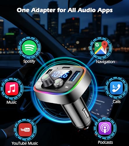 LIHAN Bluetooth Car Adapter 5.4, FM Transmitter, 48W PD/QC Charger | Enjoy Bluetooth music, GPS navigation and hands-free calling while charging devices with powerful 48W PD/QC fast charging