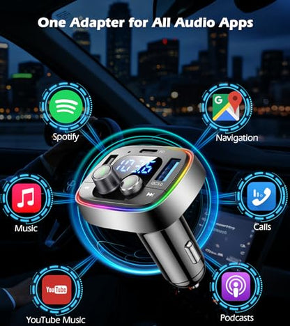 LIHAN Bluetooth Car Adapter 5.4, FM Transmitter, 48W PD/QC Charger | Enjoy Bluetooth music, GPS navigation and hands-free calling while charging devices with powerful 48W PD/QC fast charging