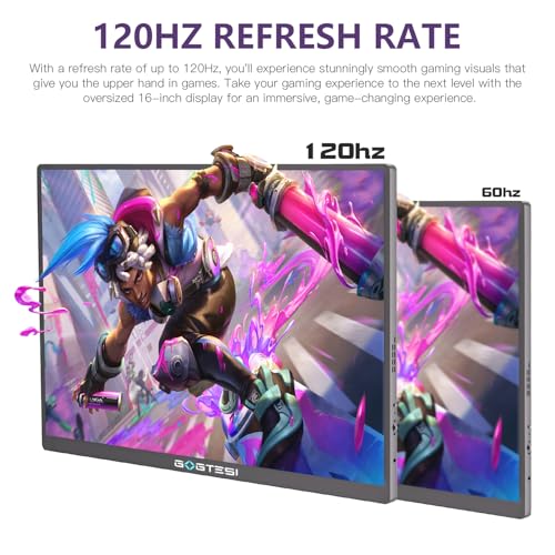 16 Inch 120Hz Portable Gaming Monitor, 100% sRGB 2.5K QHD 400nits Portable Monitor with HDR, Ultra Slim, Eye Care, External Second Screen for Laptop/PC/PS5/Mac/Xbox