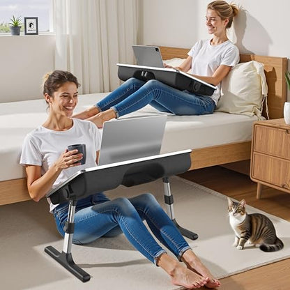 FoldWise 2-in-1 Bed & Lap Desk with Soft Cushion, Adjustable Height & Angle | Wrist Rest, Leather, iPad Holder & Stopper - Foldable Laptop Stand for Bed & Couch, Portable Bed Table Tray for Adults & Kids - color: Black
