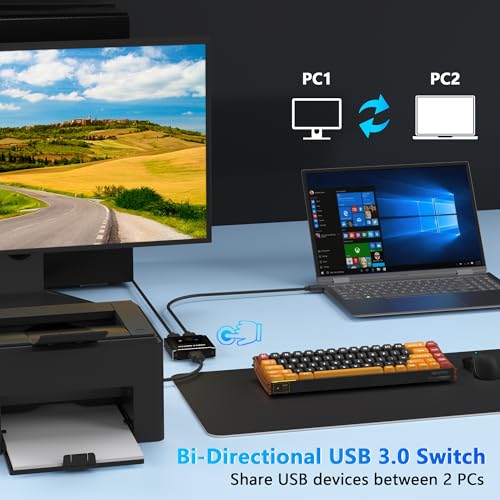 USB Switch, Bi-Directional USB3.0 Switcher 2 Computers Share Keyboard Mouse Printer, USB Splitter 1 in 2 Out/2 in 1 Out, USB-A Splitter for Laptop, Aluminum Selector, Keyboard Mouse Switch