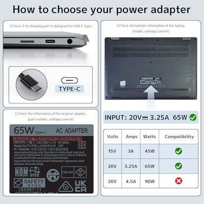 65w USB Type C Laptop Charger Compatible with Dell Universal AC Adapter | Latitude 5420 5450 5520 5320 5340 5440 5550 7440 7490 7640 7420 7310 2-in-1 Xps 13 9250 Inspiron 7420 Chromebook 3100 power