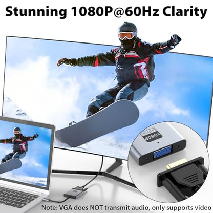 VGA to USB C Adapter, Type-C to VGA Female Video Converter Supports 1080P@60Hz, Plug & Play, Compact & Durable, Compatible with MacBook, Dell, HP, Chromebook, iPad Pro & More, No Audio