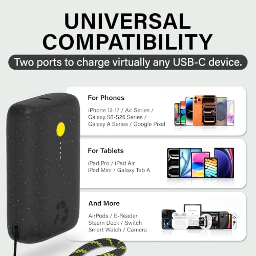 Nimble Champ Portable Charger, 10000mAh Power Bank, 20W Dual USB-C Charging | Compatible with iPhone, Samsung, Tablet, iPad, MacBook, Travel Essential Power Bank with 2ft USB C Cable Included - color: Midnight Black