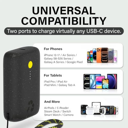 Nimble Champ Portable Charger, 10000mAh Power Bank, 20W Dual USB-C Charging | Compatible with iPhone, Samsung, Tablet, iPad, MacBook, Travel Essential Power Bank with 2ft USB C Cable Included - color: Midnight Black