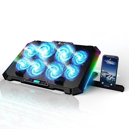KLIM V8 Gaming Laptop Cooling Pad with 8 Fans + New Version + Gaming Laptop Cooler + Stable RGB Laptop Stand with Fan + Compatible up to 17" + 2 USB Ports + Phone Holder + 5 Year Assurance | Adjustable tilt angle - integrated mobile phone holder - 5 year