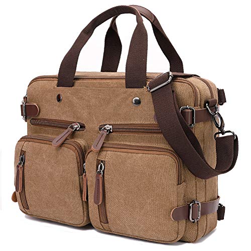 CROCOD 3 In 1 Canvas Convertible Laptop Bag for Men Women, 17.3 inch Laptop Messenger Bag Work Briefcase, Computer Shoulder Bag for Travel Business Office (17.3 Inch, Coffee) - color: Coffee