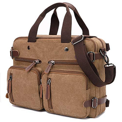 CROCOD 3 In 1 Canvas Convertible Laptop Bag for Men Women, 17.3 inch Laptop Messenger Bag Work Briefcase, Computer Shoulder Bag for Travel Business Office (17.3 Inch, Coffee) - color: Coffee