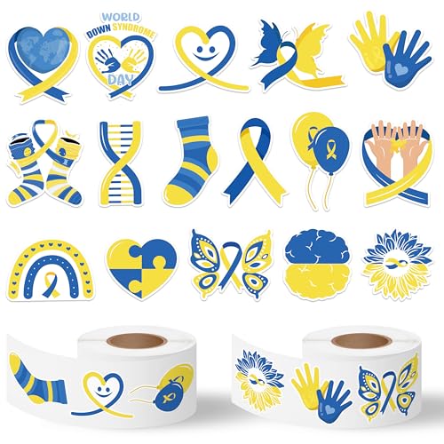 Down Syndrome Stickers Rolls - 1000 Pcs Down Syndrome Awareness Month Waterproof Vinyl Reusable Laptop Stickers Coloring Book Scrapbook Water Bottle Page Activity Pad Party Favors Skateboard - style: Down Syndrome Awareness Month