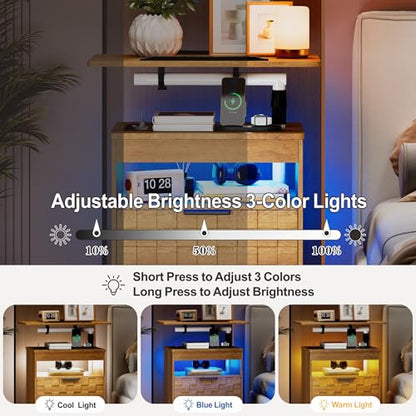 Lareth Rolling Nightstand with Wheels, LED Lights, Charging Station | Height Adjustable, Bedside Table 2 Drawers, Smart Wooden End Table Dorm Side Table Laptop Workstaion, Bedroom, Natural - color: A Natural