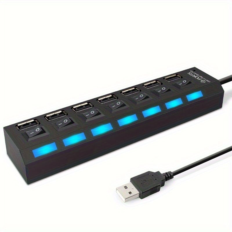 USB Hub, High Speed 7-Port Splitter with Individual LED Light Switches, Black, for PC and Laptop (black-7in1) - color: black-7in1