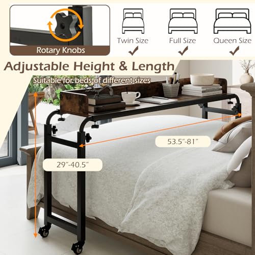 Tangkula Overbed Table with Wheels, Queen Size Mobile Bed Desk with Adjustable Height & Length, Rolling Computer Desk with Metal Frame, Laptop Cart for Bedroom, Living Room, Hospital (Rustic Brown)