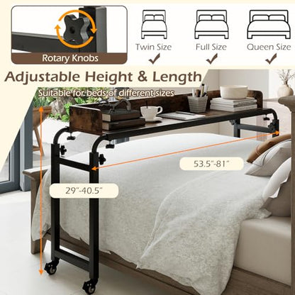 Tangkula Overbed Table with Wheels, Queen Size Mobile Bed Desk with Adjustable Height & Length, Rolling Computer Desk with Metal Frame, Laptop Cart for Bedroom, Living Room, Hospital (Rustic Brown)