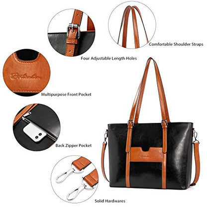 BOSTANTEN Genuine Leather Laptop Bag for Women 15.6'' Briefcase Tote Bags | Laptop Compartment, Structured, Professional, Detachable & Adjustable Shoulder Strap, Metal Feet, Work, Office, Business - color: D-black&brown