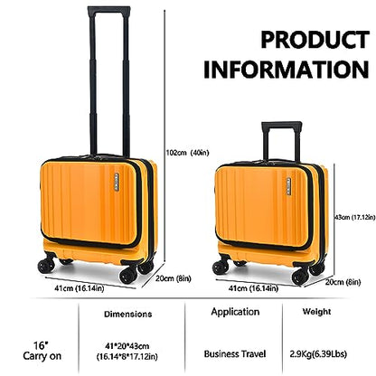 TydeCkare 16" Carry on Luggage with 2 Laptop Compartments, Lightweight Hardshell ABS+PC Suitcase with Dual Control TSA Lock, with YKK Zipper, 4 Spinner Silent Wheels, for Business Travel, Orange - color: Orange