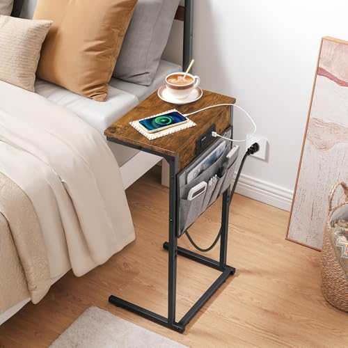 HOOBRO C Shaped End Table with Charging Station, 28" H Couch Side Table Slide Under, Sofa Arm Tray Table with Storage Bag for Living Room, Recliner, Rustic Brown BF70USF01 - color: Rustic Brown