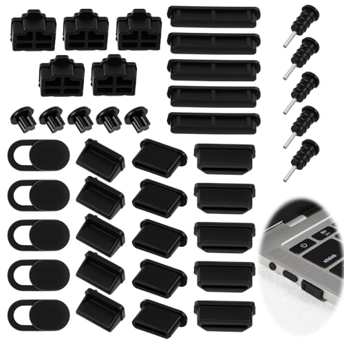 40 Pcs 8 Types USB Port Cover, Silicone USB Port Caps | Protector Dust Plug for Computer Camera, USB, USB C, SD Port, RJ45, Audio Port, Headphones Port, Black