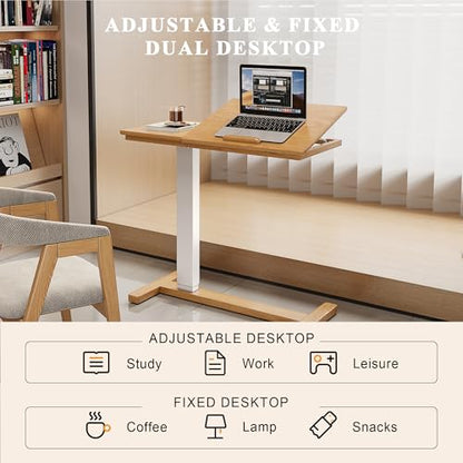 IUNVR Solid Wood Overbed Bedside Table with Hidden Casters, Adjustable Hospital Bed Table Rolling Laptop Desk with Split Dual Desktop & Pneumatic Gas Spring Lift for Hospital, Home Use (Natural)