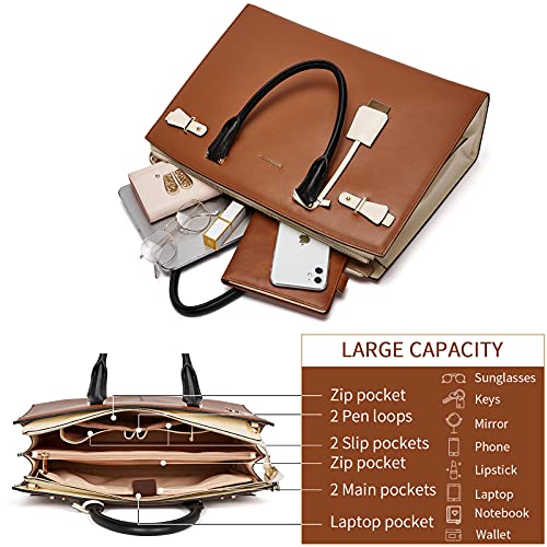 BOSTANTEN Genuine Leather Briefcase for Women 15.6'' Laptop Work Tote Bag | Laptop Compartment, Spacious Interior, Structured, Professional Style, Detachable Shoulder Strap, Office, Business, Commute - color: C-brown