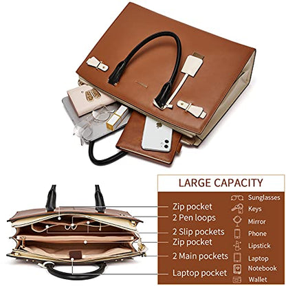 BOSTANTEN Genuine Leather Briefcase for Women 15.6'' Laptop Work Tote Bag | Laptop Compartment, Spacious Interior, Structured, Professional Style, Detachable Shoulder Strap, Office, Business, Commute - color: C-brown