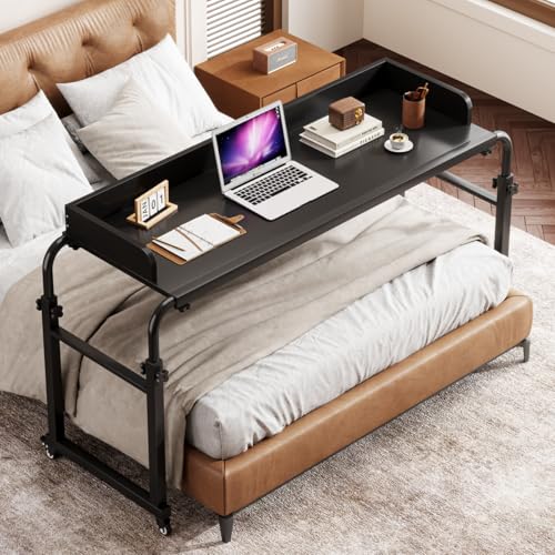 Saifu Overbed Table with Wheels, Black | Adjustable Height & Length, King & Queen Size Beds Bedtable, Rolling Standing Desk, For Working Reading Eating - color: Black