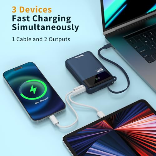 Hichain Laptop Power Bank 65W Portable Charger 20000mAh Blue | Fast Charging with USB C Cable, Phone Charger for iPhone 17/16/15/14/13 All Series/Samsung/Android, Camping Essential - color: Blue