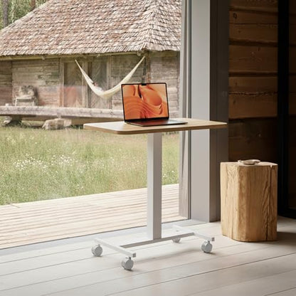 HUANUO Small Rolling Laptop Standing Desk, Height Adjustable Mobile T-Base Desk with Lockable Casters, Portable Sit-Stand Workstation for Bedside & Sofa, Light Walunt - color: Light Walnut