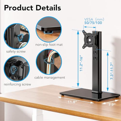 Single Monitor Desk Stand Free-Standing Desk Mount Arm Riser for 13 inch to 32 inch Screen Freestanding VESA Mount Base, Adjustable Height, Tilt, Swivel, Rotation, Black AX05TB01 - size: Single monitor stand