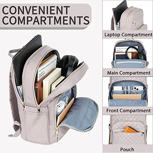 KROSER Laptop Backpack for Women 15.6 Inch Stylish Daypack with USB Charging Port, Water-repellent Nylon Backpack for Travel/Business, Dusty Pink | Water-repellent fabric, multi-compartment,adjustable shoulder straps and luggage strap-Grey Pink - color: D