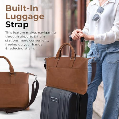 Laptop Bag Vegan Leather Messenger Shoulder Bag - 15.6" Laptop Briefcase with Luggage Strap - Cross Body (Black)