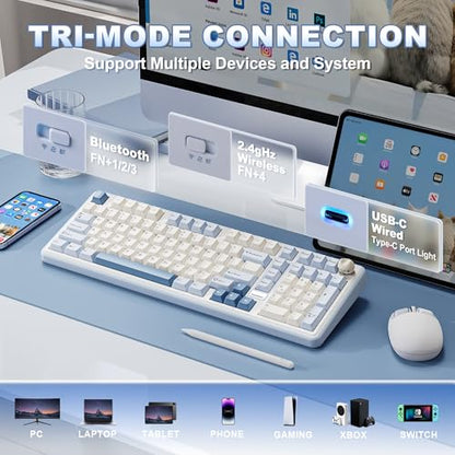 YUNZII B98 PRO QMK/VIA Wireless Mechanical Gaming Keyboard,96% Layout with Numpad and Cute Cat Knob, BT/2.4G/USB-C,Linear Switch Hot Swap Gasket,RGB for Win/Mac (Blue, Milk V2 Linear Switch) - color: Blue, size: Milk V2 Linear Switch