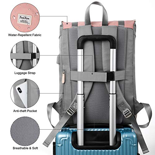 YAMTION 17 Inch Women Backpack School Bags for Teen Girls,College Student Bookbag Computer Backpack with USB Charging Port - color: Pinkgrey
