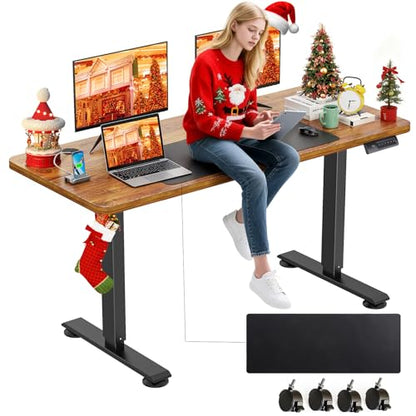 farexon Electric Standing Desk Adjustable Height, 55 x 24 Inch Sit Stand up Desk with Large Mouse Pad, 2 Metal Hook,4 Wheels,4 Memory Preset Heights Home Office Computer Desk（Brown） - color: Brown, size: 55 x 24''
