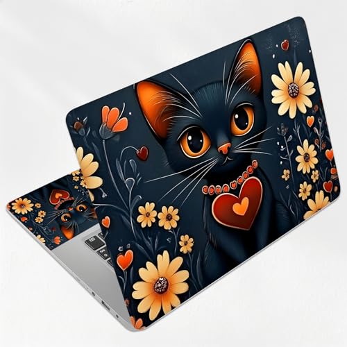 Black Cat with Heart Collar Floral Universal Laptop Skin Sticker 3PCS,Protective Decal Trim-to-Fit 11.6" 13.3" 14" 15.6" Laptop Vinyl Cover,Removable Anti-Scratch Computer Decal Protector - color: Black Cat with Heart Collar Floral
