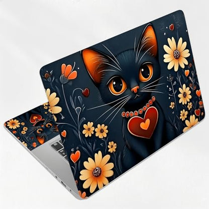 Black Cat with Heart Collar Floral Universal Laptop Skin Sticker 3PCS,Protective Decal Trim-to-Fit 11.6" 13.3" 14" 15.6" Laptop Vinyl Cover,Removable Anti-Scratch Computer Decal Protector - color: Black Cat with Heart Collar Floral
