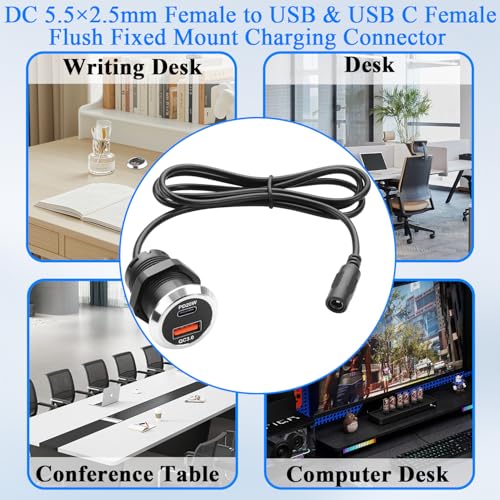 QIANRENON DC 5525 to USB A & USB C Desktop Flush Mount Charging Connector DC 5.5×2.5mm Female to Type A + Type C Female Threaded Fixed Mount Adapter Cable QC3.0 PD20W, for Desk Furniture, 0.9m/2.9ft