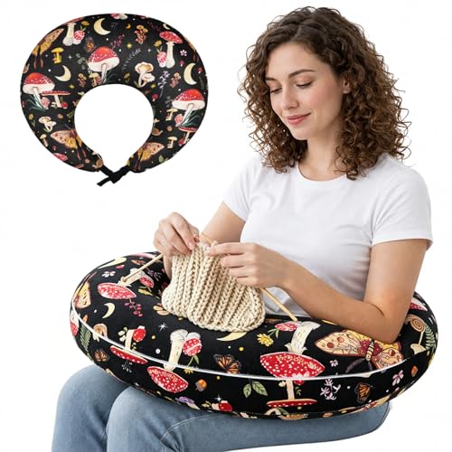 Ergonomic U-Shaped Gaming & Lap Pillow for Crocheting - Cute Boho Mushroom Crochet Pillow with Elbow & Arm Support, Lap Desk Pillows for Reading, Playing or Crocheting, Suitable for Adults - color: Boho Mushroom
