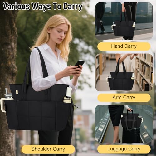 Puffer Tote Bag with Large Cup Holder& 15.6 Inch Laptop Compartment, Lightweight Puffy Work Bag with Water Bottle Pocket, Large Laptop Tote with Clutch Purse for Women Teacher Nurse (Black) - color: Black