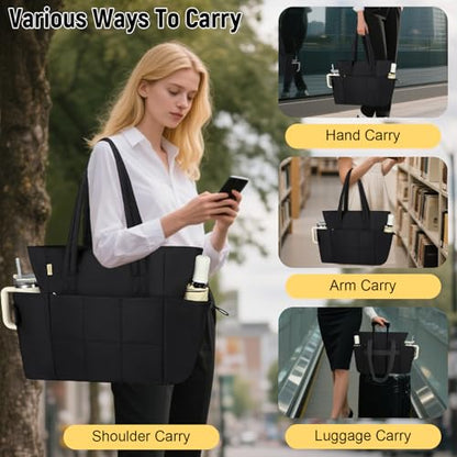 Puffer Tote Bag with Large Cup Holder& 15.6 Inch Laptop Compartment, Lightweight Puffy Work Bag with Water Bottle Pocket, Large Laptop Tote with Clutch Purse for Women Teacher Nurse (Black) - color: Black