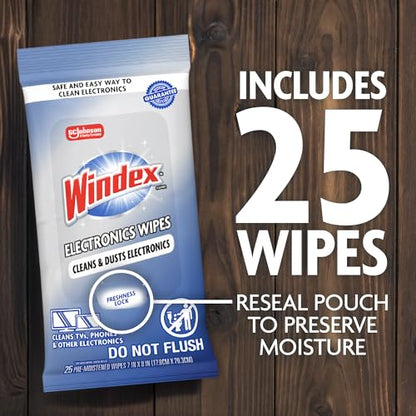 Windex Electronic Cleaning Wipes, Pre-Moistened Screen Wipes for TVs, Phones, and Other Electronics, Resealable for a Freshness Lock, 25 Count (Pack of 3) - size: 25 Count (Pack of 3)