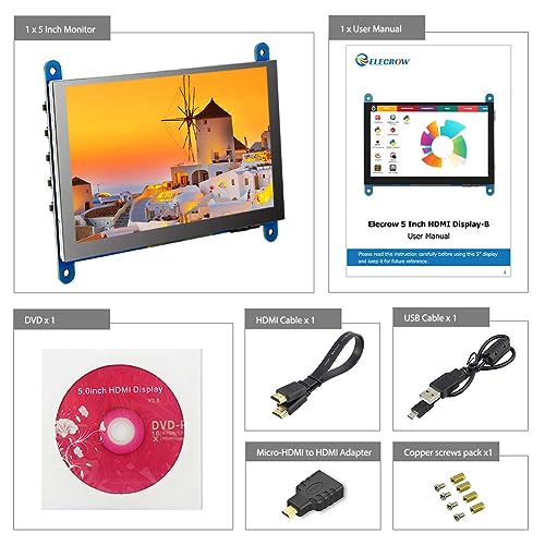 ELECROW 5 Inch Touch Screen Monitor for Raspberry Pi 800×480 LCD Display | Touchscreen Compatible with Raspberry Pi 5/4/3B+/3B, BB Black, Banana Pi, Jetson Nano, Windows, PC